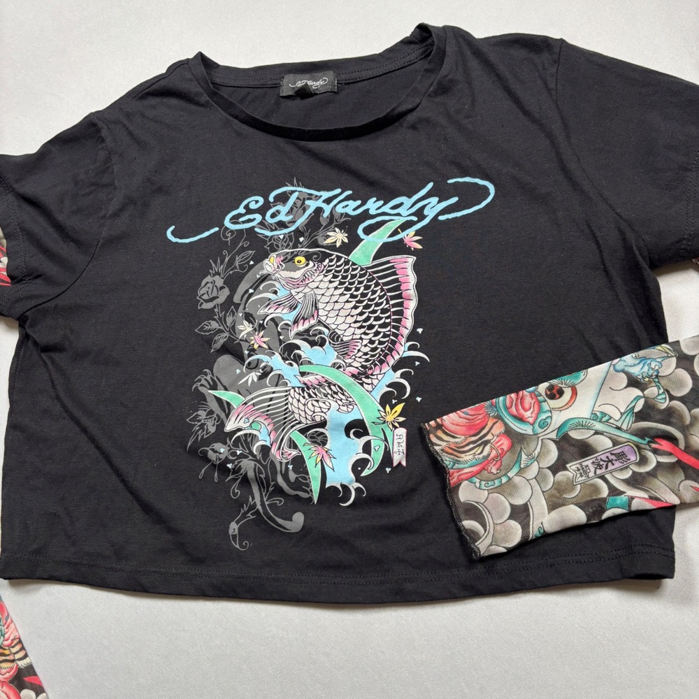 Ed Hardy Crop Top Women XL Black Koi Fish Tattoo Mesh Long Sleeve Y2K Tee